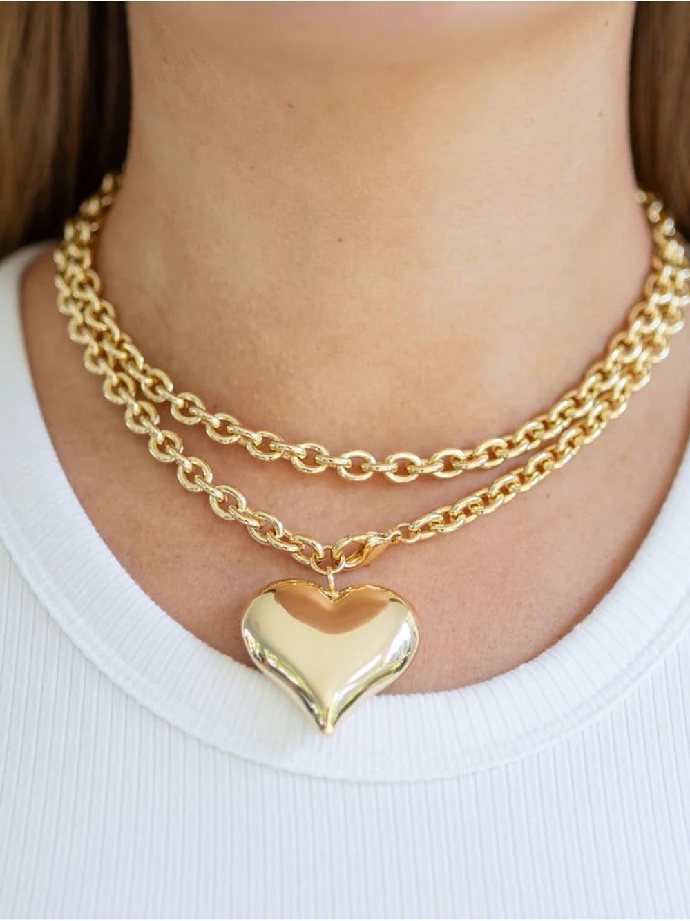 Gold Heart Pendant Double Chain Necklace - Women Jewelry Could also be a belt